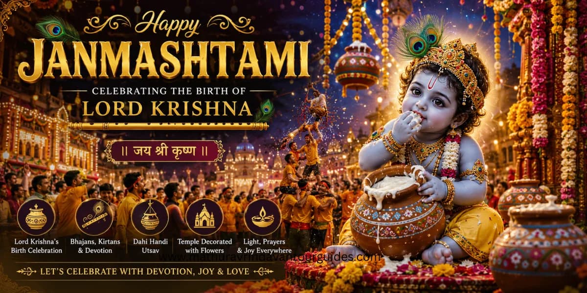 Janmashtami celebration at Mathura and Vrindavan — midnight puja and temple decorations