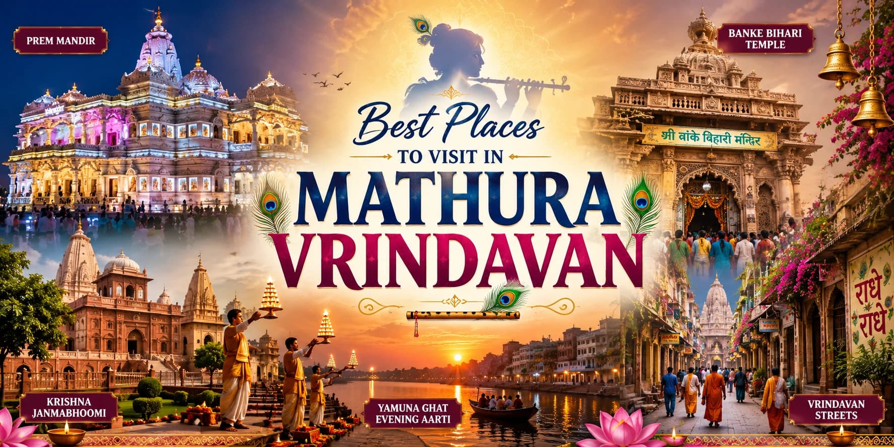 Beautiful collage of Mathura and Vrindavan featuring Prem Mandir, Banke Bihari Temple, Yamuna Ghat evening aarti, and spiritual streets with Lord Krishna theme