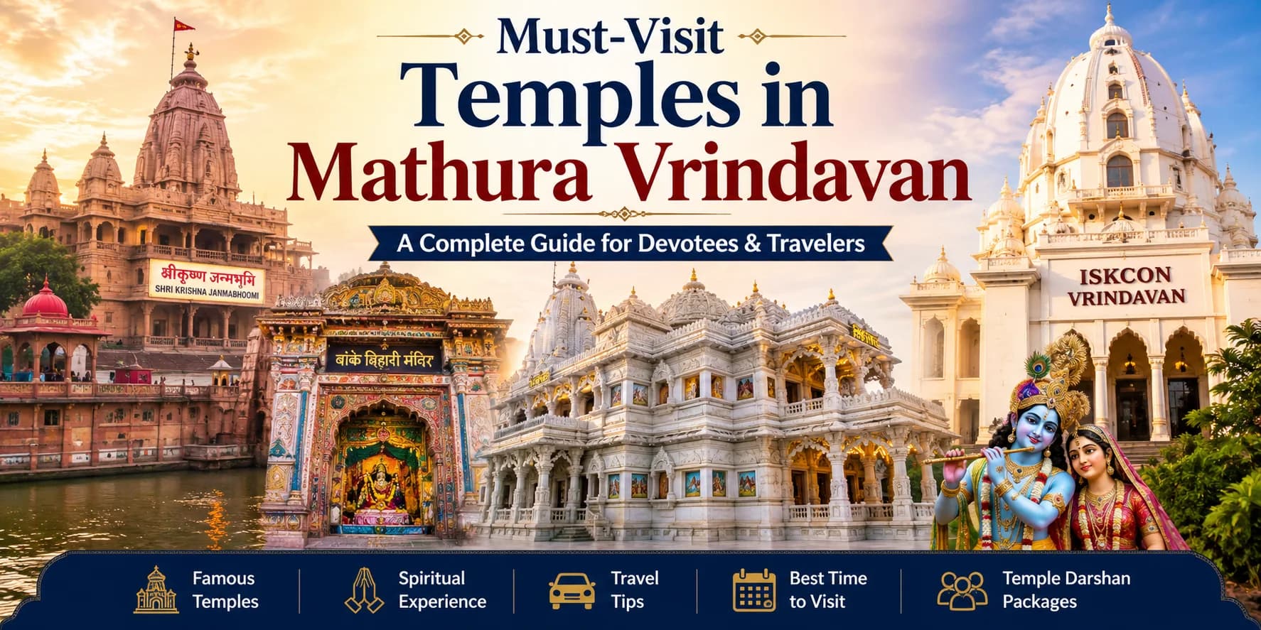 Must-visit temples in Mathura Vrindavan including Banke Bihari Temple, ISKCON Temple, and Krishna Janmabhoomi for temple darshan tour