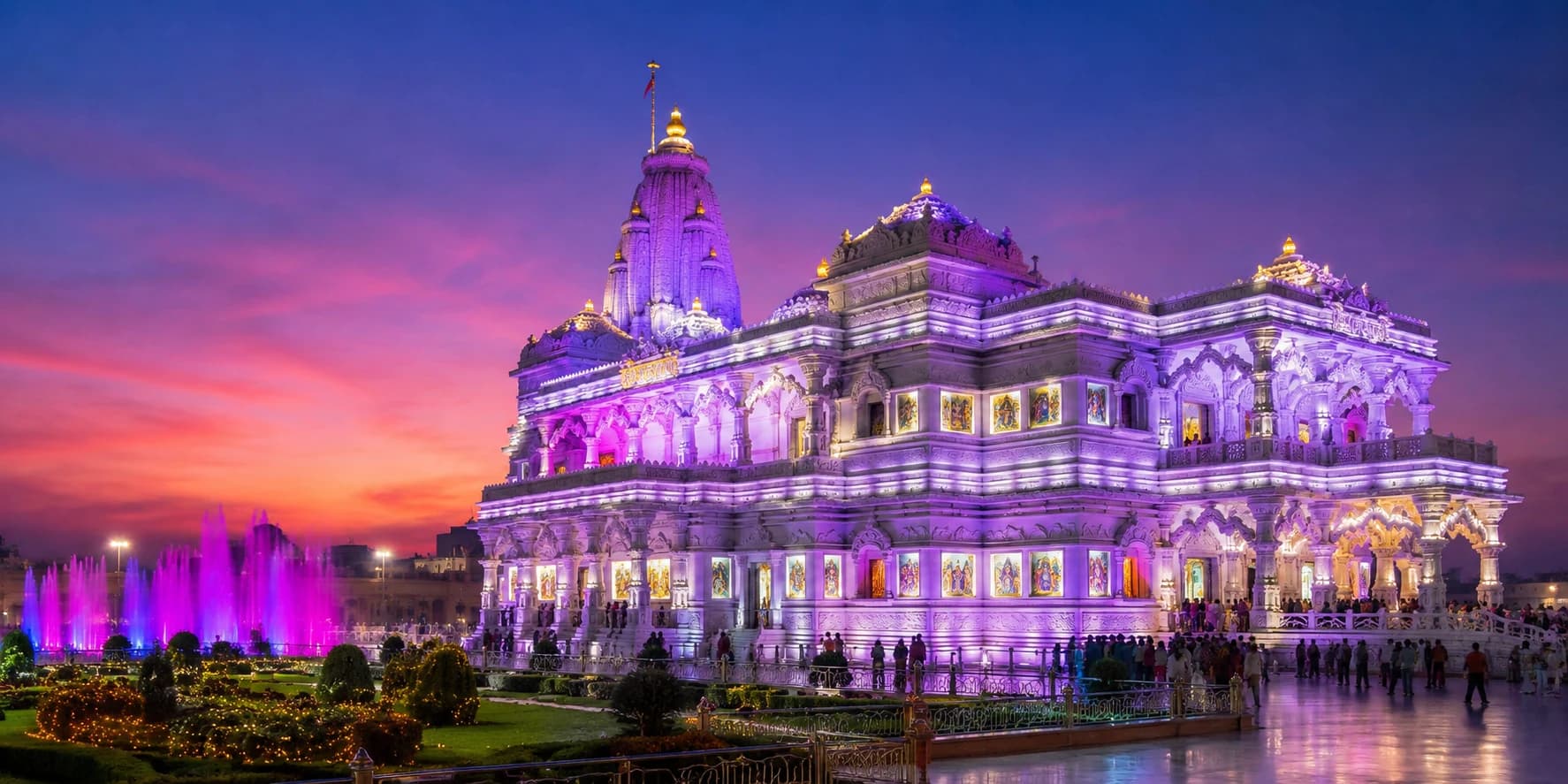 Prem Mandir Vrindavan evening light show with colorful temple illumination