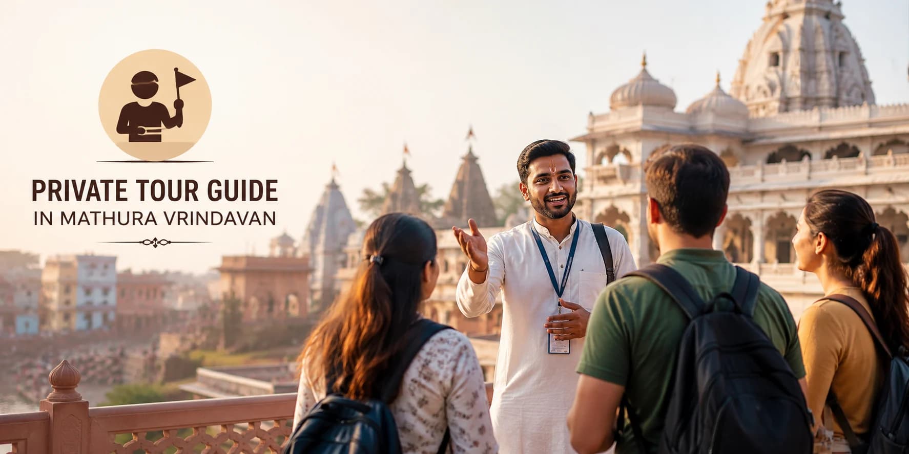 Private tour guide in Mathura Vrindavan assisting tourists during a guided temple tour with iconic Vrindavan temples in the background.
