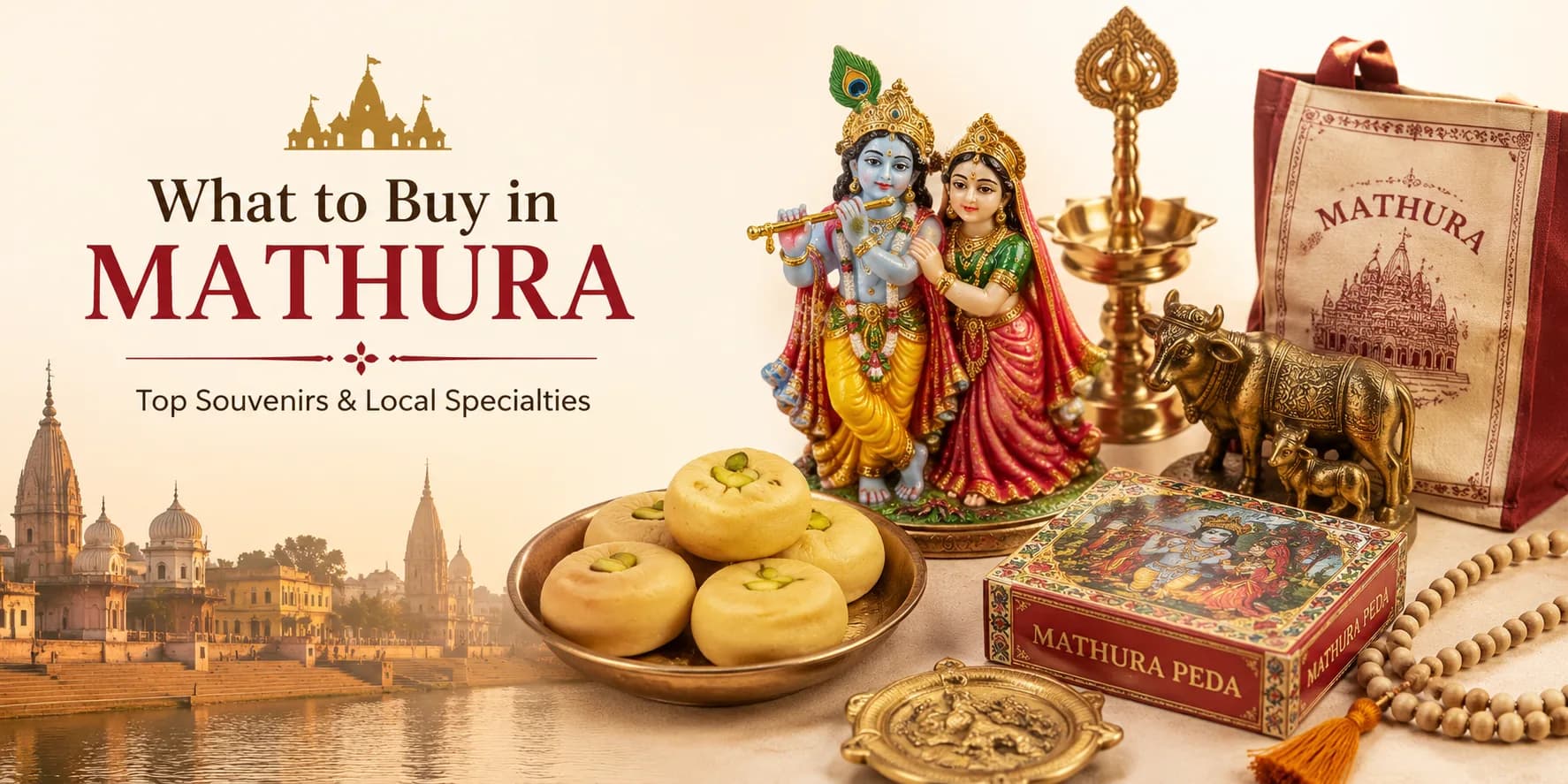 What to Buy in Mathura featuring Mathura Peda, Radha Krishna idols, Tulsi mala, brass handicrafts, and popular local souvenirs from Krishna's sacred city