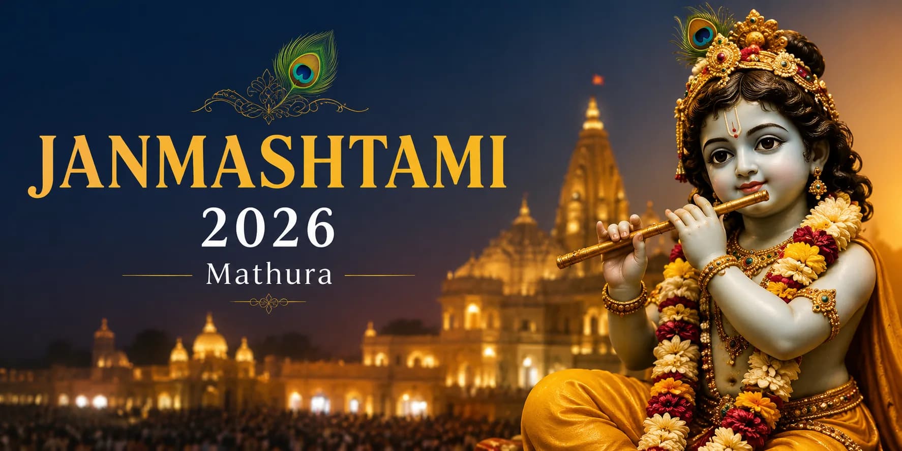 Mathura Janmashtami 2026 celebration featuring Lord Krishna, illuminated temples, darshan schedule, and festive atmosphere in Mathura.