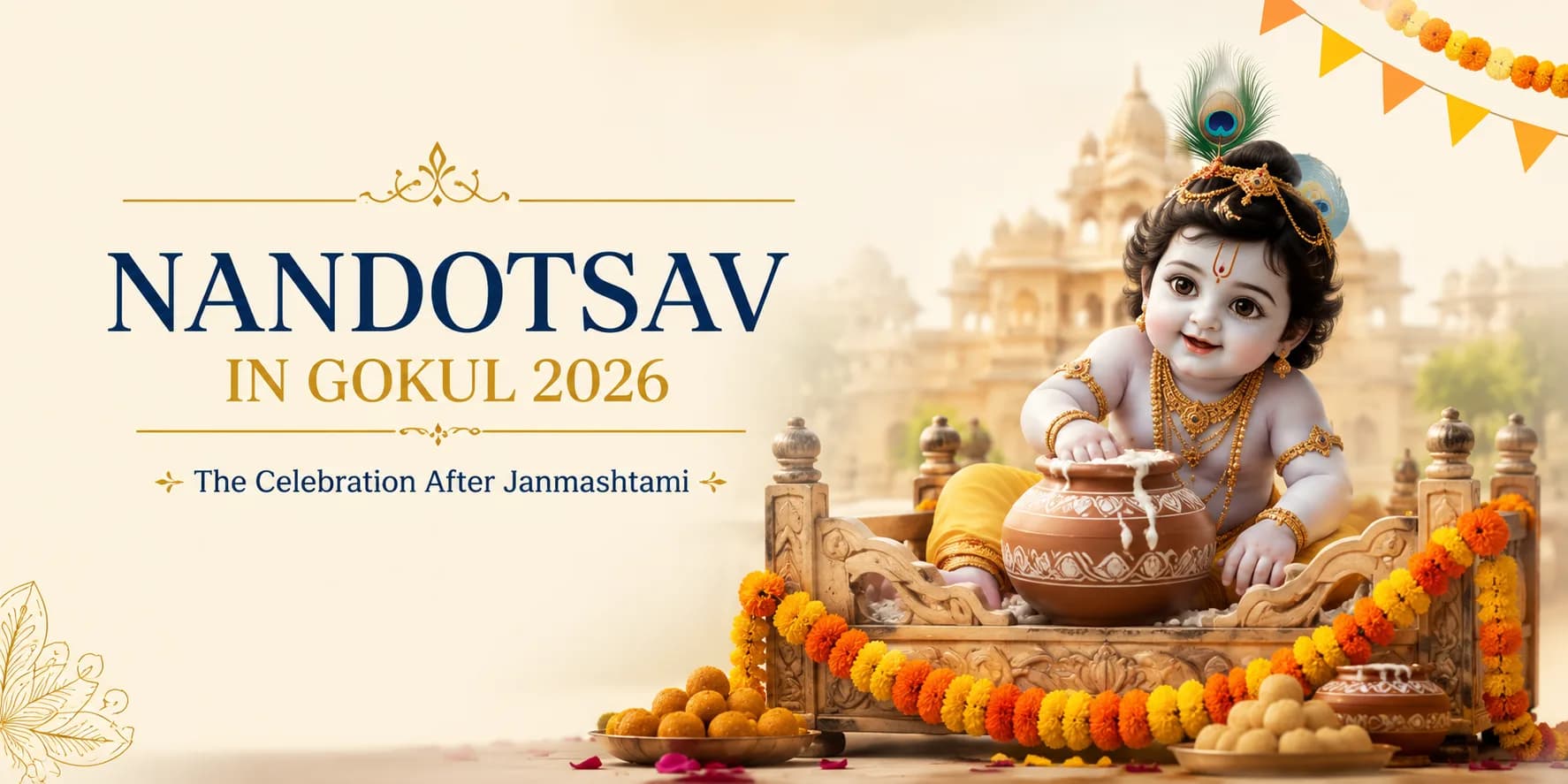 Nandotsav in Gokul 2026 celebration with Baby Krishna, butter pot, temple backdrop and festive decorations after Janmashtami