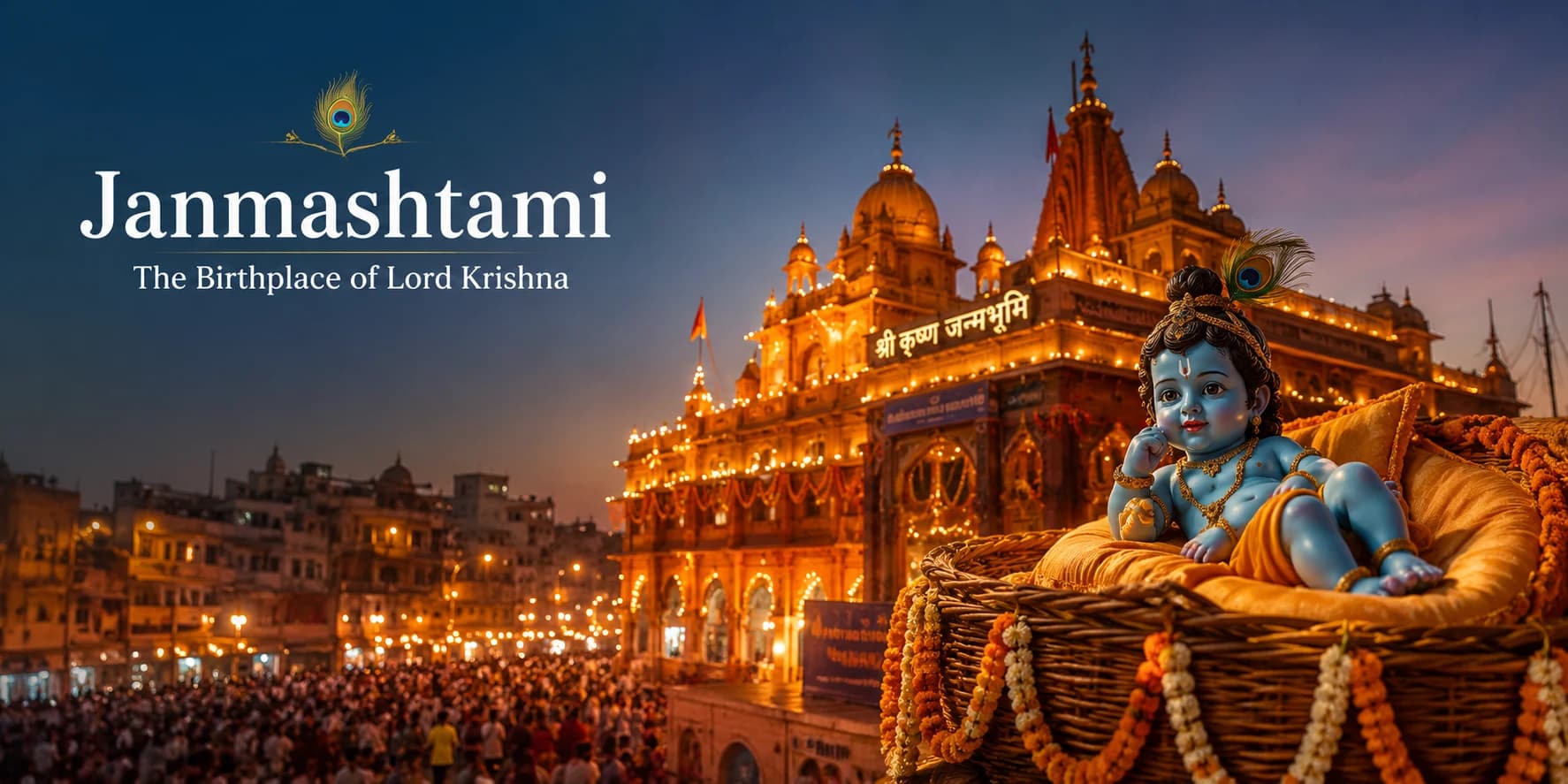 Janmashtami celebration at Krishna Janmabhoomi Temple in Mathura with Lord Krishna and illuminated temple decorations