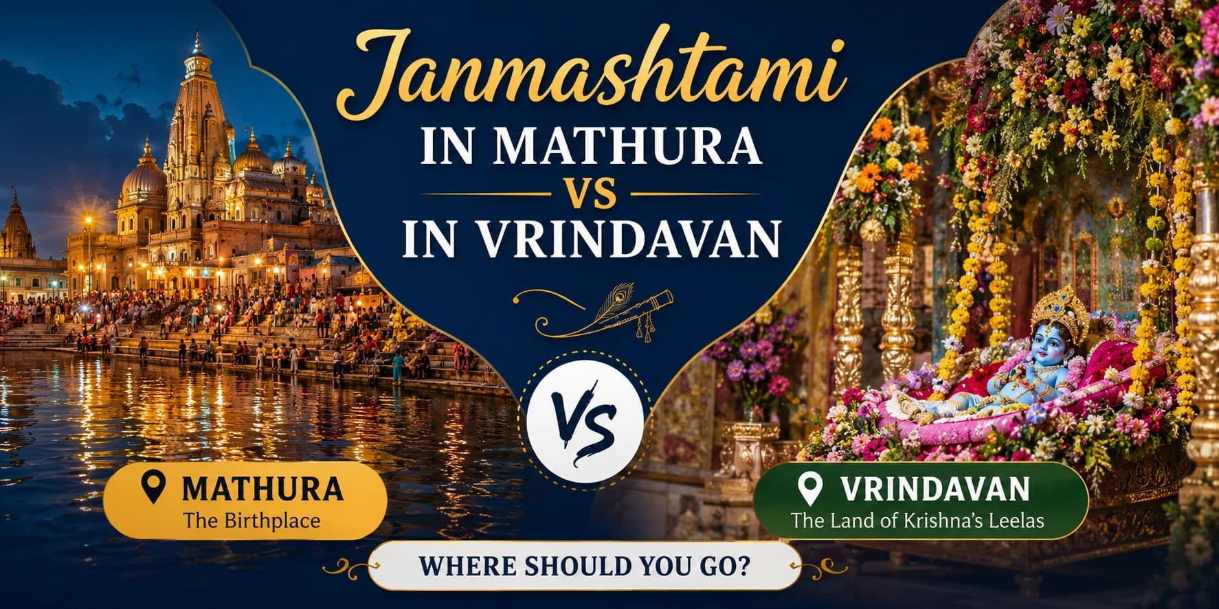 Janmashtami in Mathura vs Vrindavan comparison showing festive temple celebrations, Krishna decorations, and spiritual atmosphere in both sacred cities.