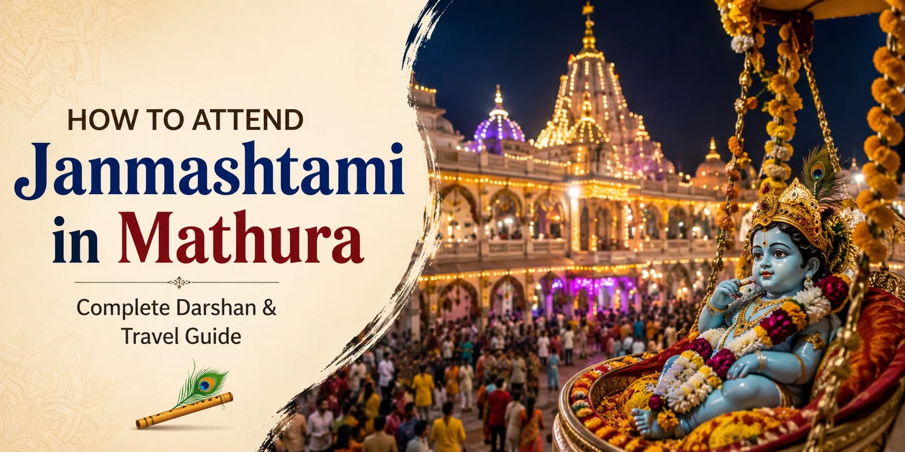 Devotees celebrating Janmashtami at Shri Krishna Janmabhoomi Temple in Mathura with illuminated temple decorations and festive atmosphere