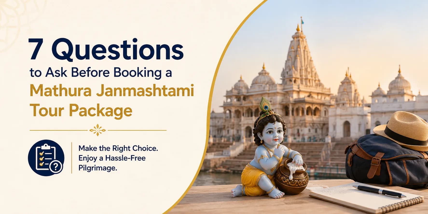 Traveler planning a Mathura Janmashtami tour package with Krishna temple background
