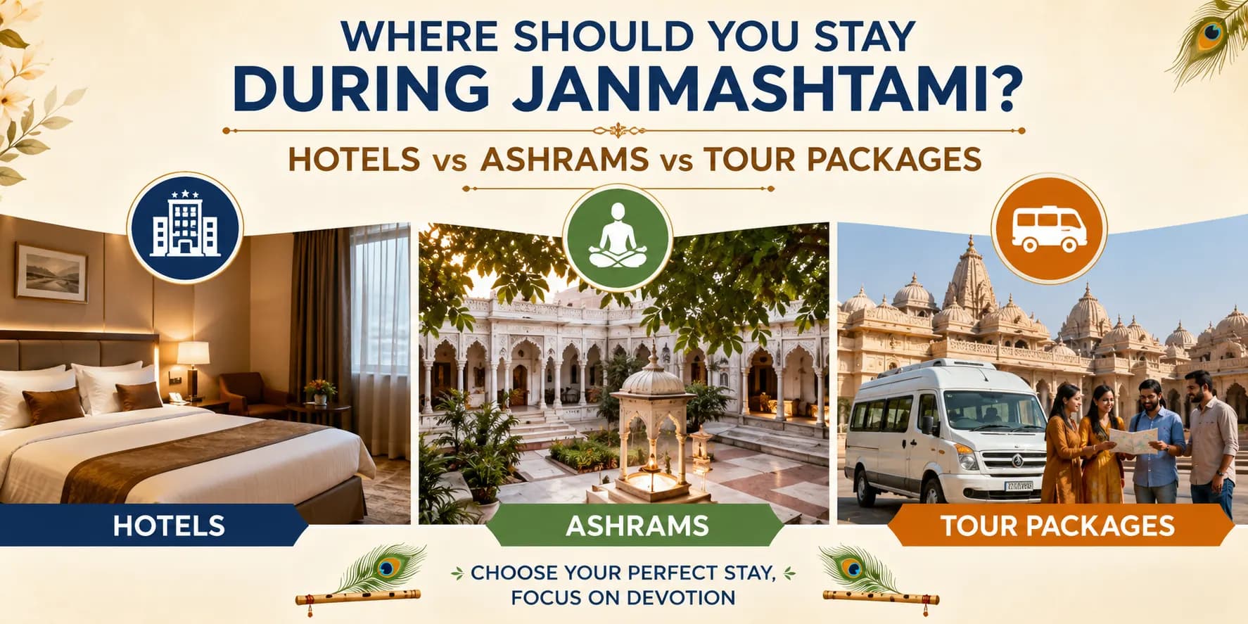 Hotels vs Ashrams vs Tour Packages for Janmashtami stay in Mathura and Vrindavan with accommodation comparison for pilgrims and devotees