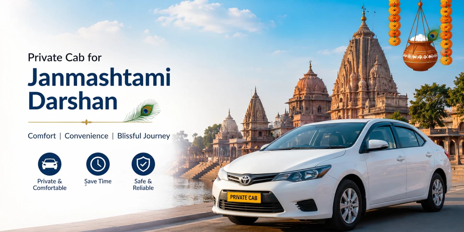 Private cab for Janmashtami Darshan in Mathura Vrindavan with temple background and comfortable taxi service for pilgrims
