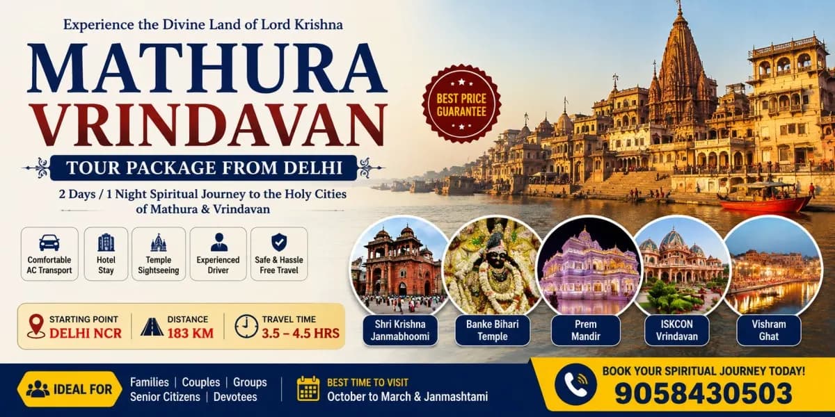 Mathura Vrindavan Tour Package from Delhi covering Shri Krishna Janmabhoomi, Banke Bihari Temple, Prem Mandir and ISKCON Vrindavan with private cab and hotel