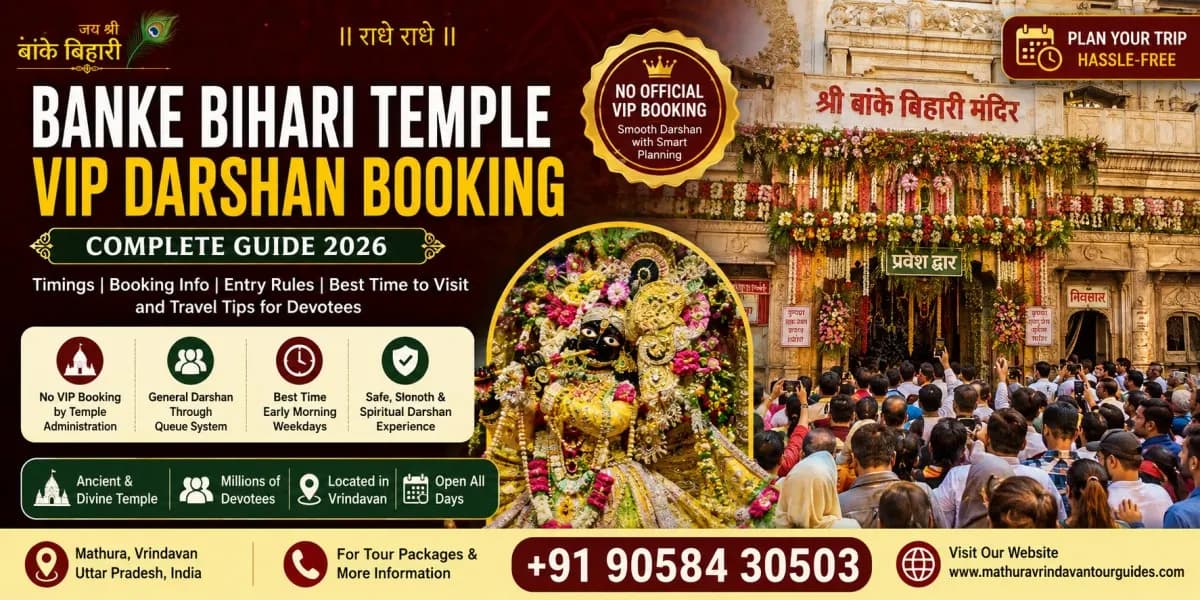 Devotees visiting Banke Bihari Temple in Vrindavan for darshan with temple entrance, crowd management, and spiritual atmosphere