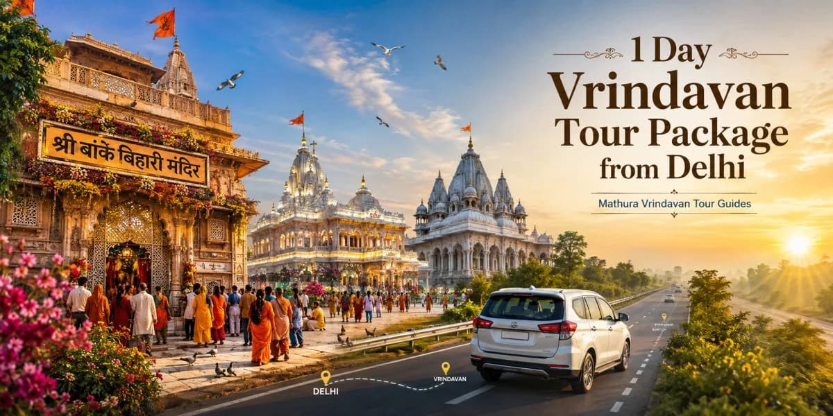 1 Day Vrindavan Tour Package from Delhi covering Banke Bihari Temple, Prem Mandir, ISKCON Vrindavan, Radha Raman Temple, and Nidhivan with private cab service