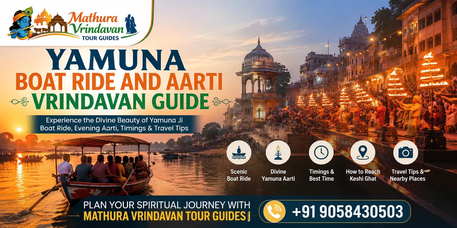 Yamuna boat ride and aarti Vrindavan guide showing boats and evening lamps at Keshi Ghat