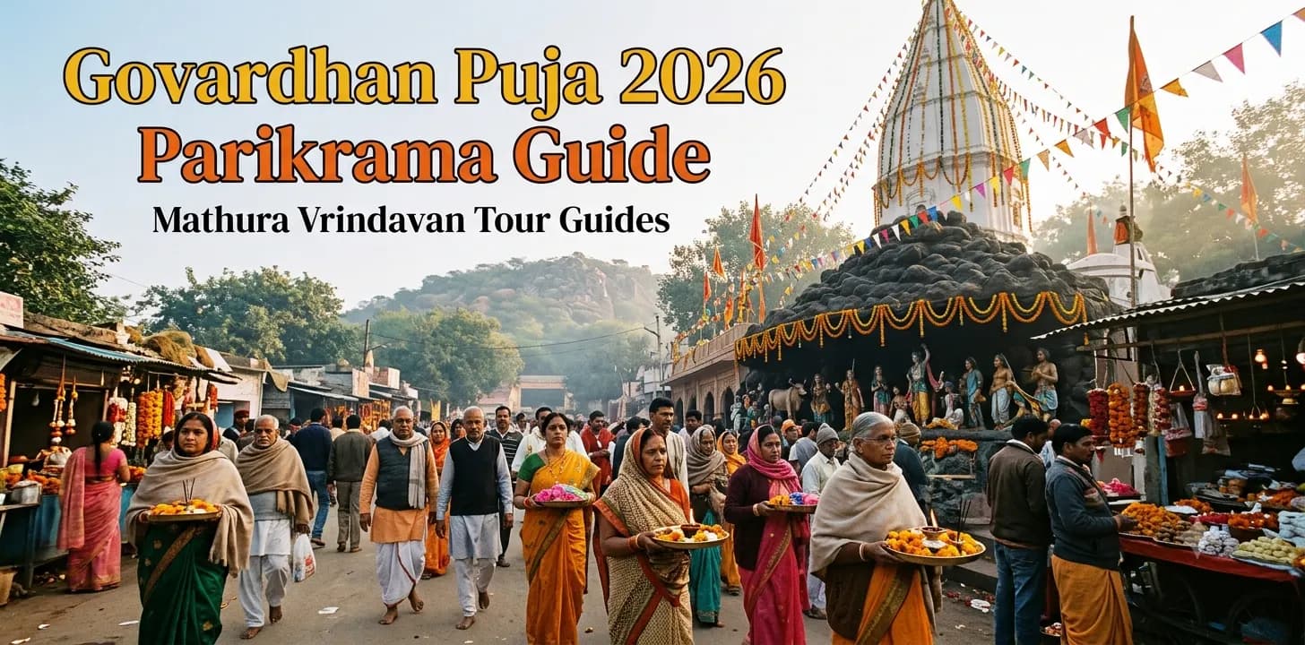 Govardhan Puja 2026 Parikrama devotees walking around Govardhan Hill in Braj