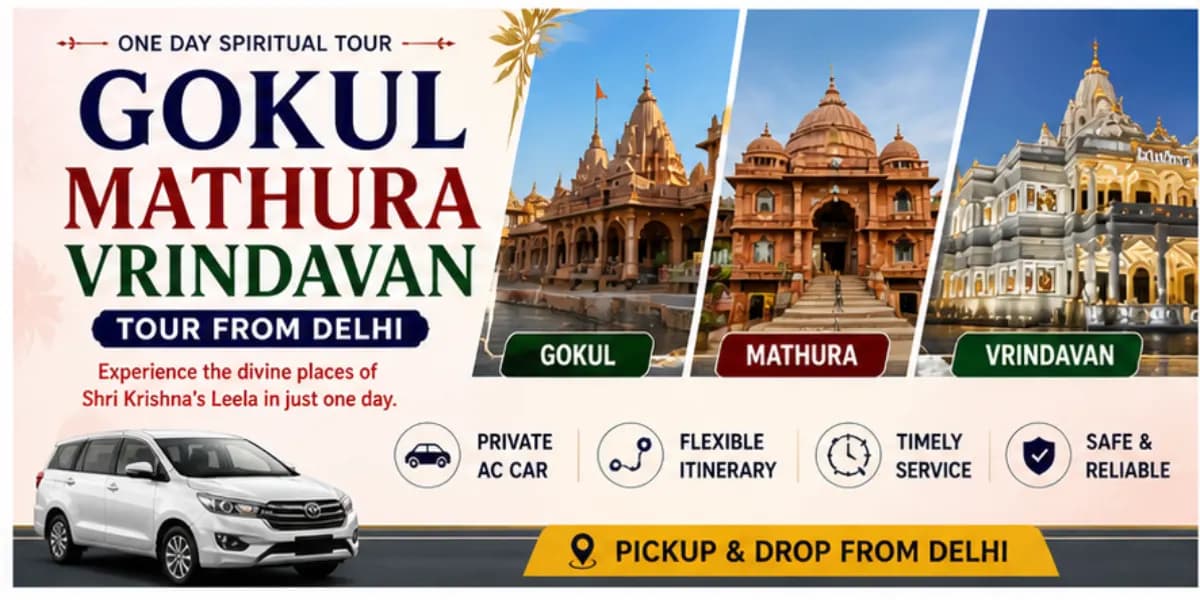 Same Day Gokul Mathura Vrindavan Tour from Delhi private cab tour showcasing Gokul Mathura Vrindavan sightseeing