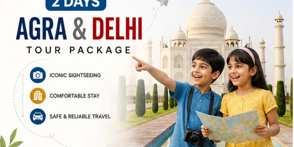 2 Days Agra and Delhi Tour Package featured image with Taj Mahal sunrise view and light background travel banner
