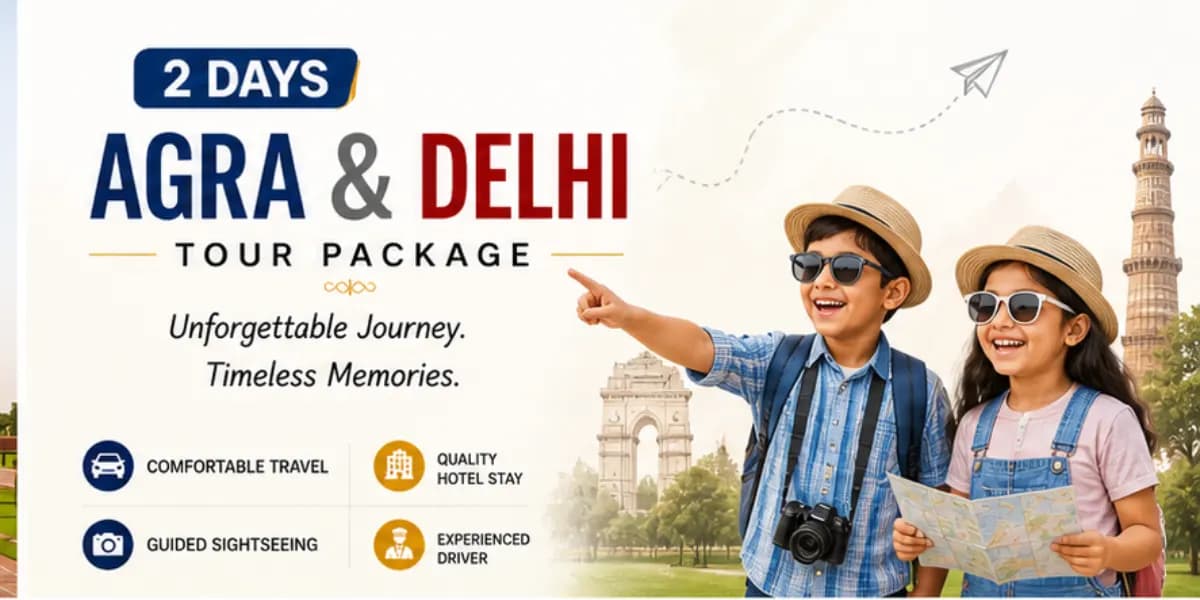2 Days Agra and Delhi Tour Package image showcasing Agra Fort Red Fort and India Gate in clean design
