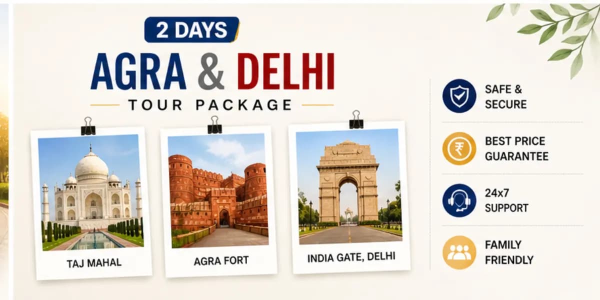 2 Days Agra and Delhi Tour Package travel banner with private car journey and heritage sightseeing highlights